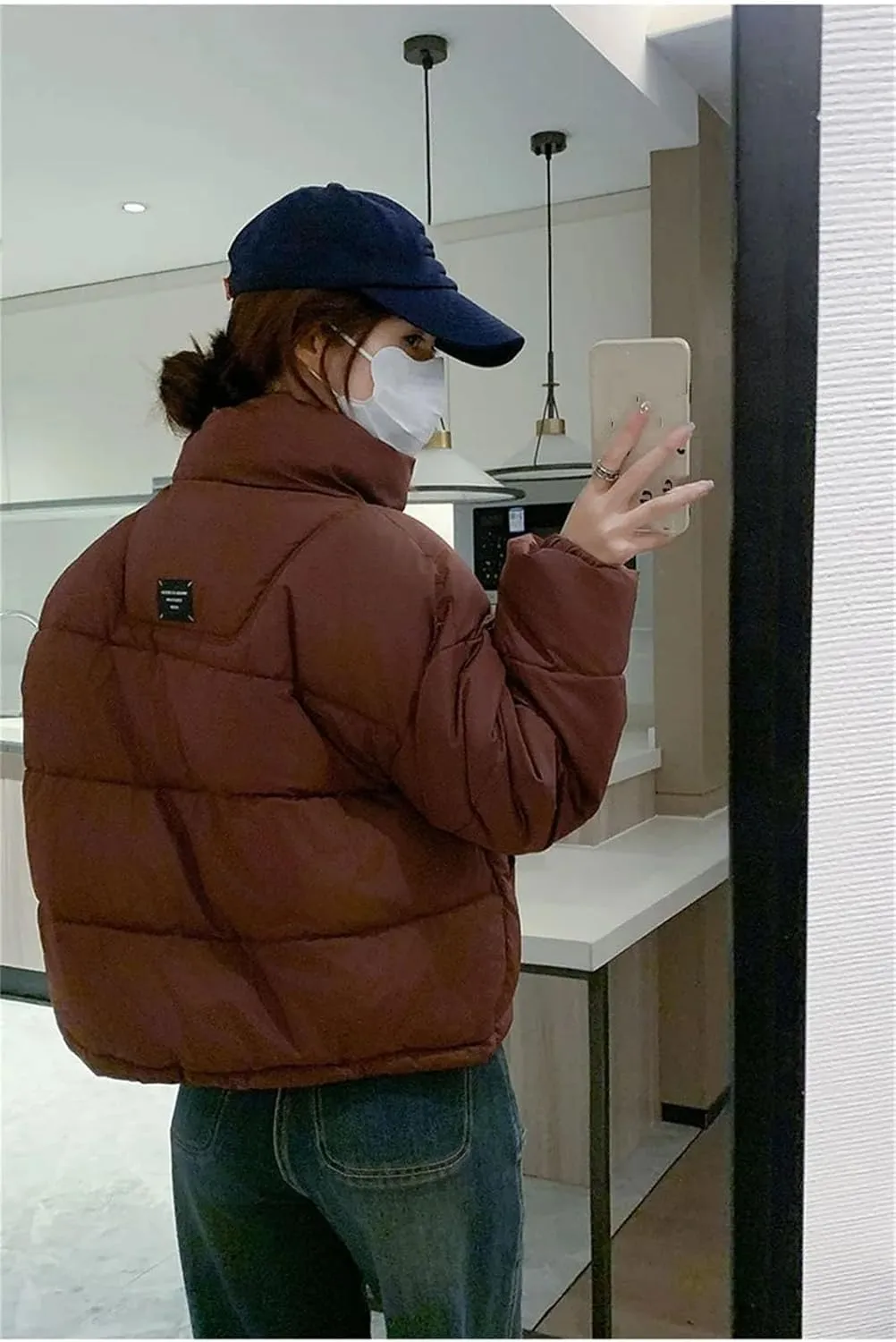 Women Stand Up Collar Short Cotton-Padded Loose Classic Drawstring Pockets Parka Coat
