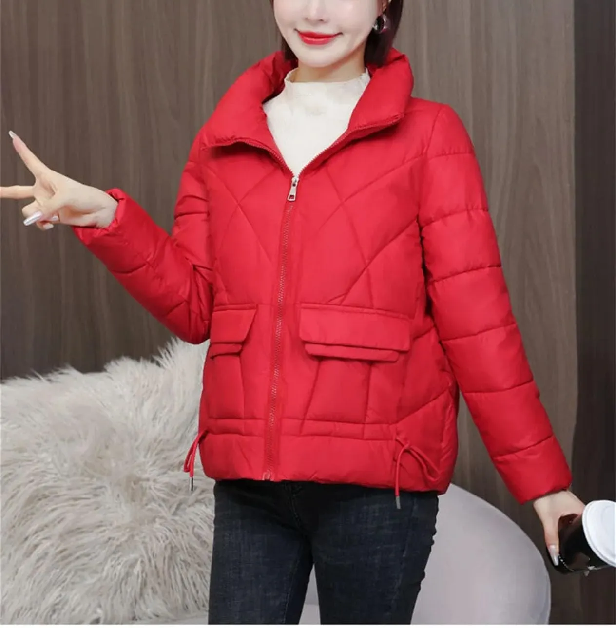 Women Standing Collar Short Cotton-Padded Jacket Solid Classic Stripe Pocket Parka Coat