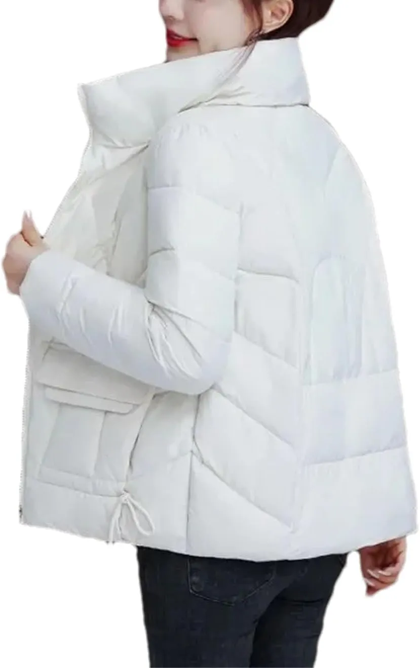 Women Standing Collar Short Cotton-Padded Jacket Solid Classic Stripe Pocket Parka Coat