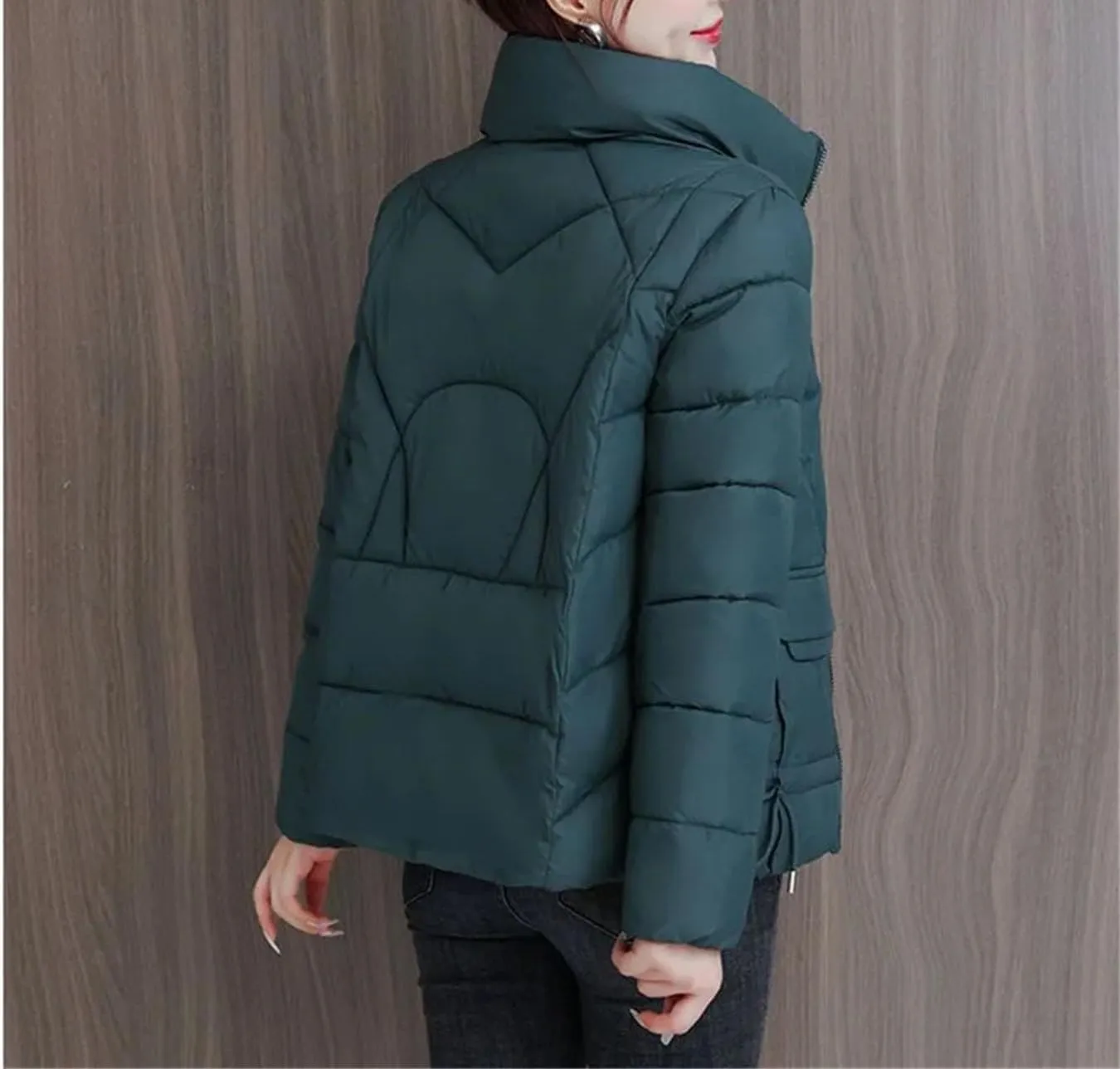 Women Standing Collar Short Cotton-Padded Jacket Solid Classic Stripe Pocket Parka Coat