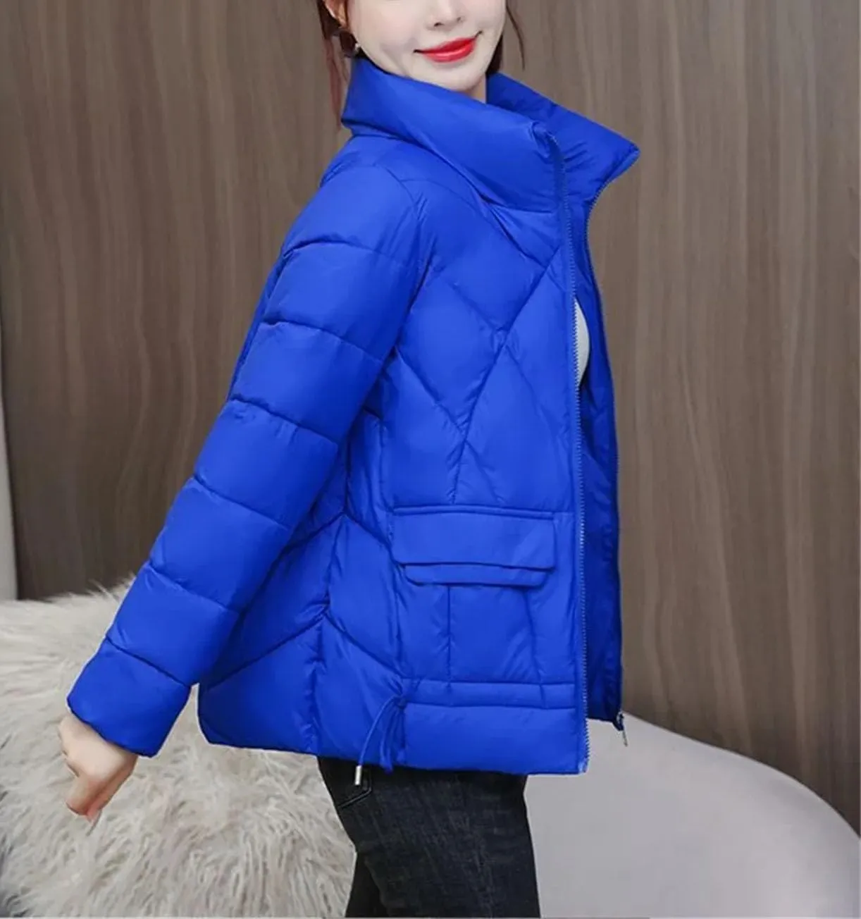 Women Standing Collar Short Cotton-Padded Jacket Solid Classic Stripe Pocket Parka Coat