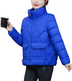 Women Standing Collar Short Cotton-Padded Jacket Solid Classic Stripe Pocket Parka Coat
