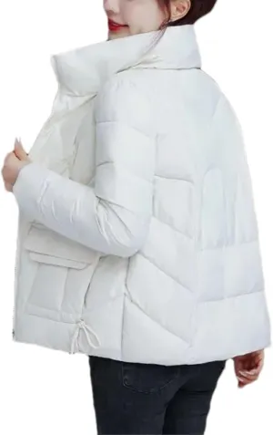 Women Standing Collar Short Cotton-Padded Jacket Solid Classic Stripe Pocket Parka Coat