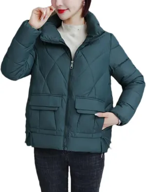 Women Standing Collar Short Cotton-Padded Jacket Solid Classic Stripe Pocket Parka Coat