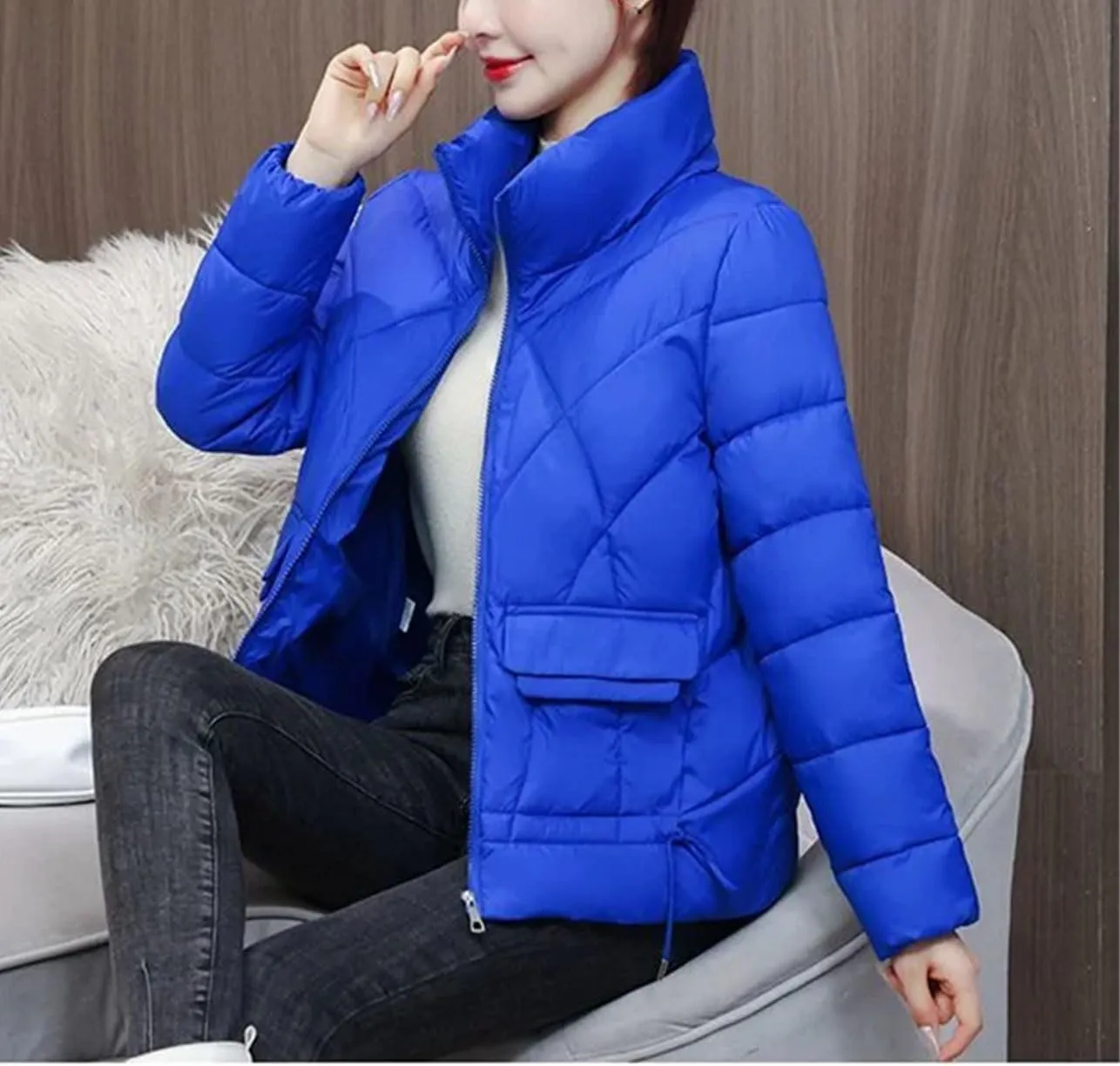 Women Standing Collar Short Cotton-Padded Jacket Solid Classic Stripe Pocket Parka Coat