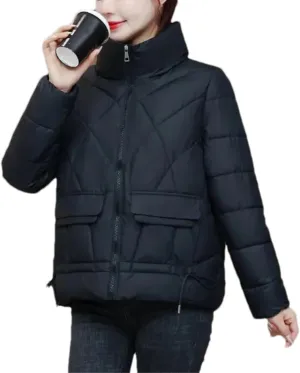 Women Standing Collar Short Cotton-Padded Jacket Solid Classic Stripe Pocket Parka Coat