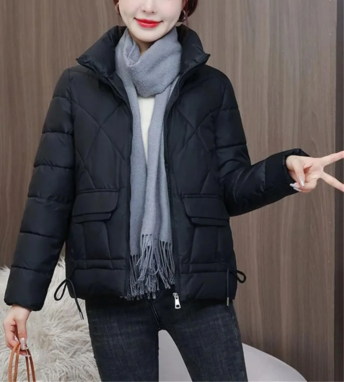 Women Standing Collar Short Cotton-Padded Jacket Solid Classic Stripe Pocket Parka Coat