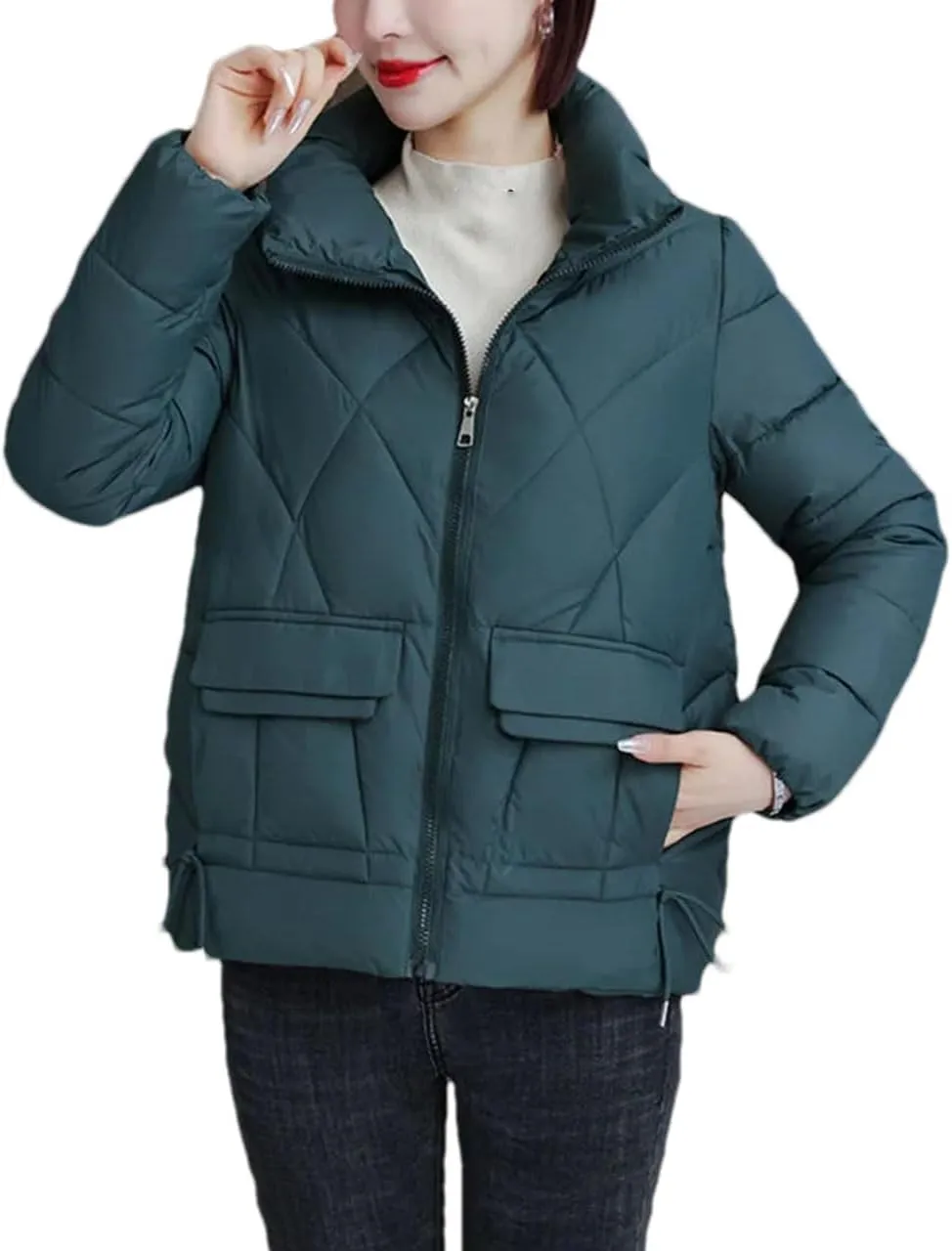 Women Standing Collar Short Cotton-Padded Jacket Solid Classic Stripe Pocket Parka Coat