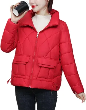 Women Standing Collar Short Cotton-Padded Jacket Solid Classic Stripe Pocket Parka Coat