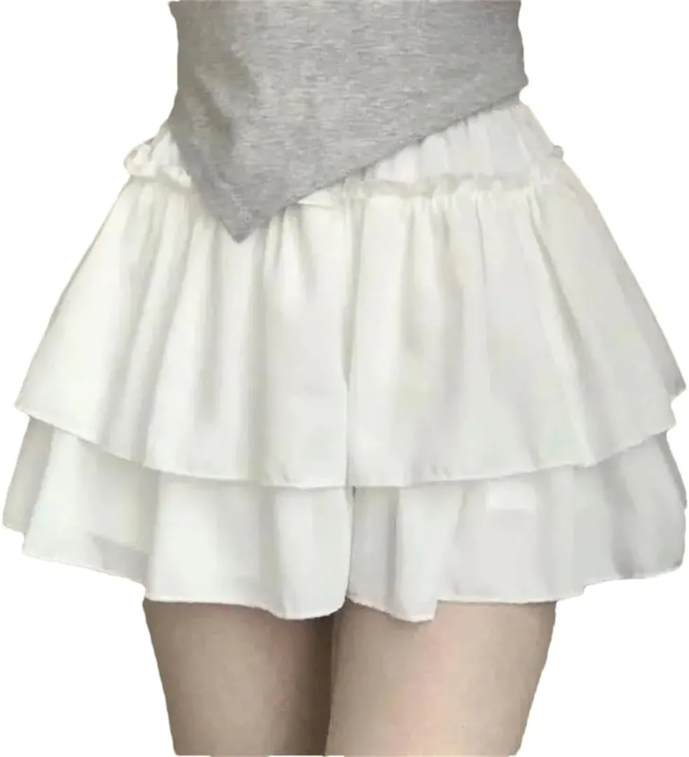 Women Summer Elastic Waist Pleated Fluffy Skirt Solid Youth Loose Casual Pleated A Line Skirt