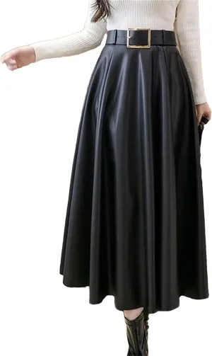 Women Vintage Solid Pu Leather Pleated Elegant Belt Midi Skirt Winter Fashion High Waist Large Swing A Line Skirts