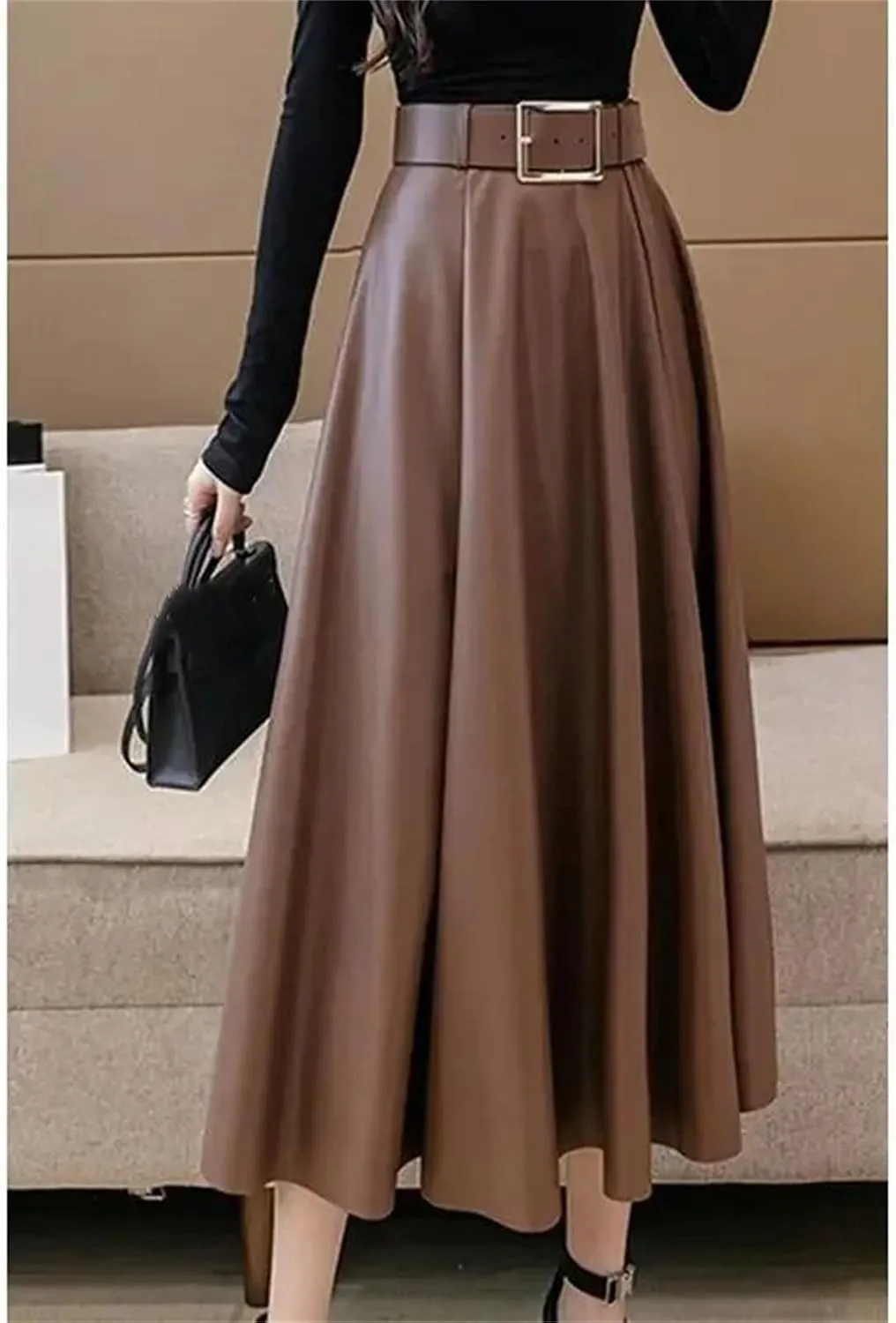 Women Vintage Solid Pu Leather Pleated Elegant Belt Midi Skirt Winter Fashion High Waist Large Swing A Line Skirts