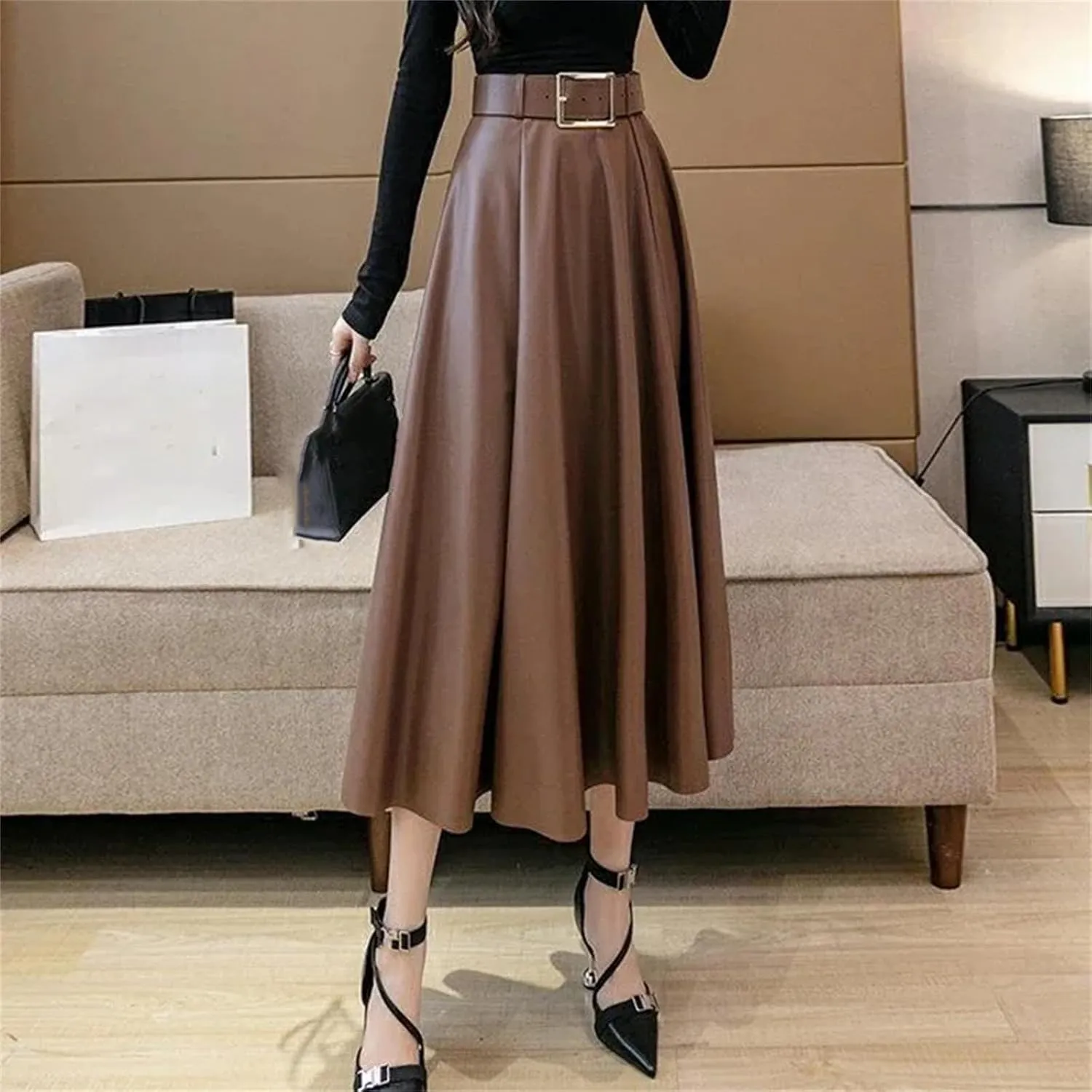 Women Vintage Solid Pu Leather Pleated Elegant Belt Midi Skirt Winter Fashion High Waist Large Swing A Line Skirts