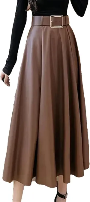 Women Vintage Solid Pu Leather Pleated Elegant Belt Midi Skirt Winter Fashion High Waist Large Swing A Line Skirts