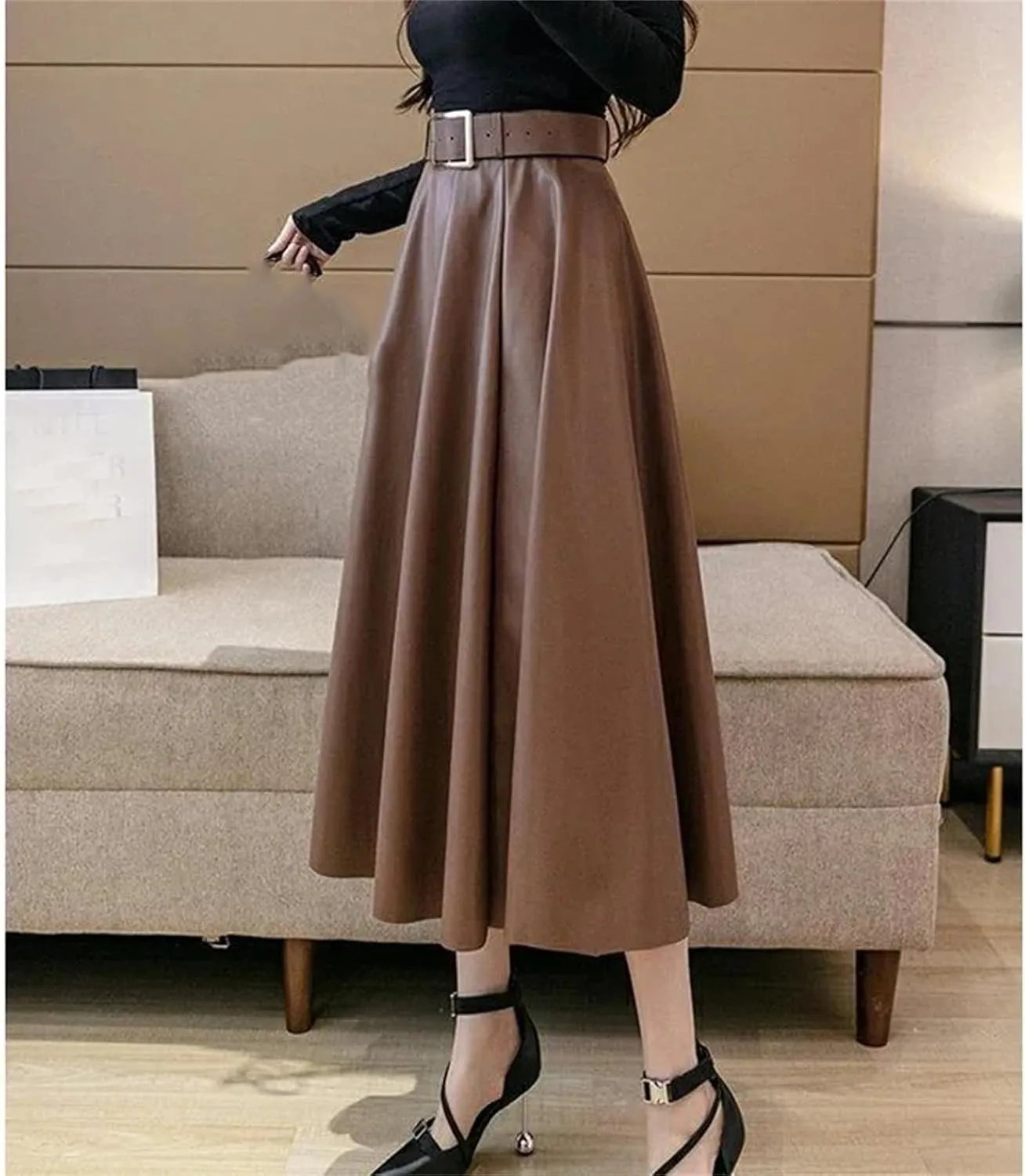 Women Vintage Solid Pu Leather Pleated Elegant Belt Midi Skirt Winter Fashion High Waist Large Swing A Line Skirts