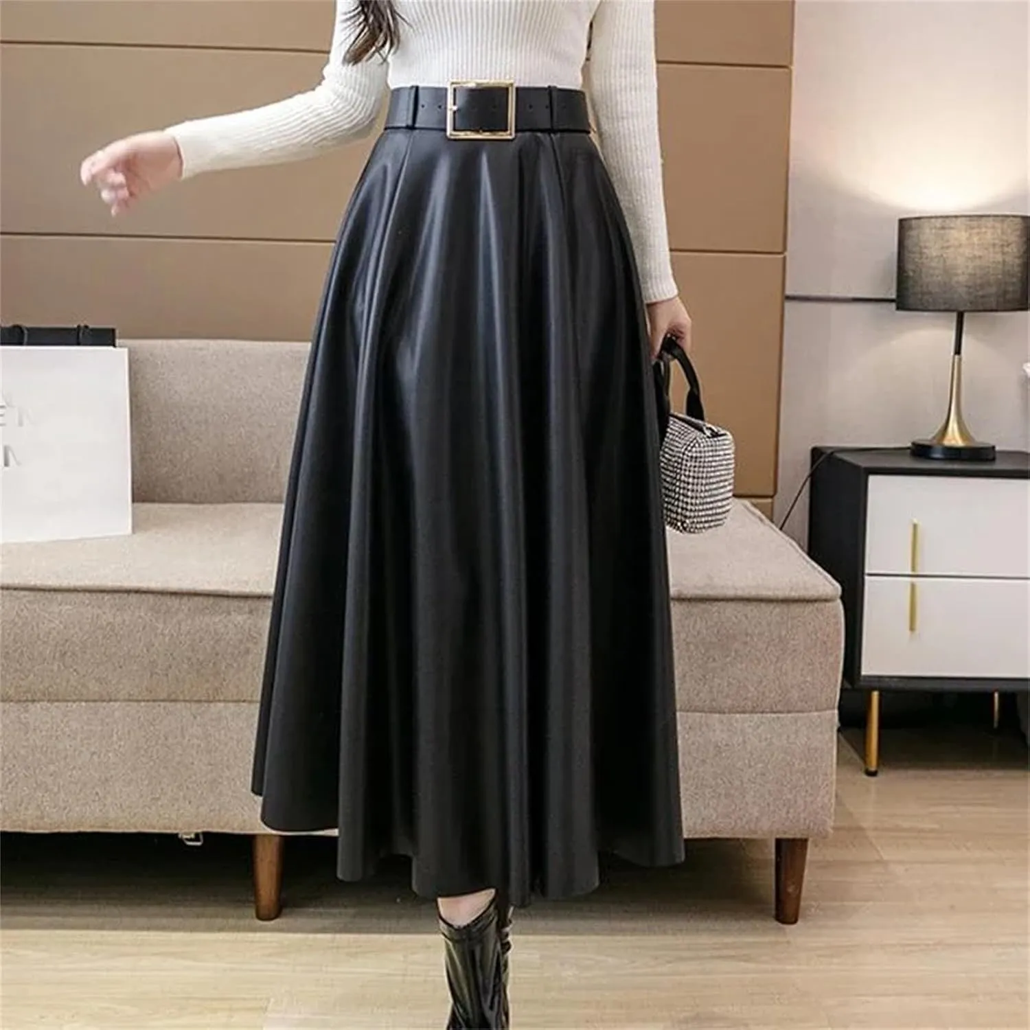 Women Vintage Solid Pu Leather Pleated Elegant Belt Midi Skirt Winter Fashion High Waist Large Swing A Line Skirts