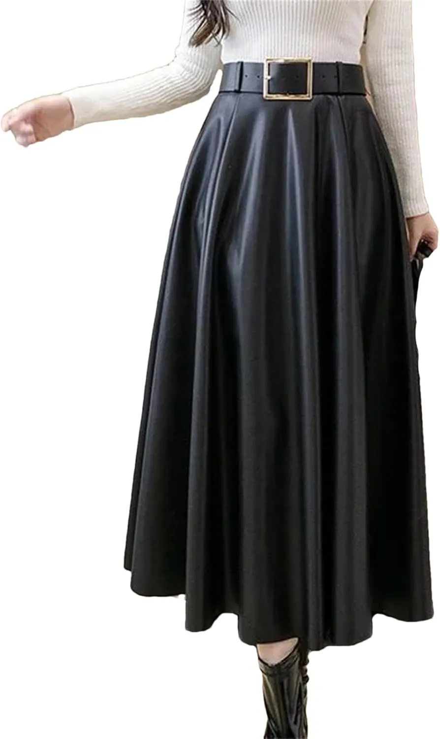 Women Vintage Solid Pu Leather Pleated Elegant Belt Midi Skirt Winter Fashion High Waist Large Swing A Line Skirts
