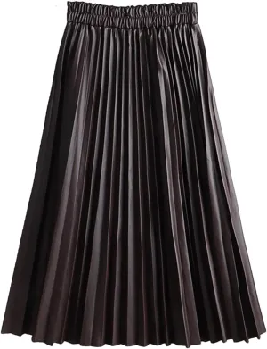 Women Winter Faux Leather Pleated Skirt Elegant Elastic Waist Long A-Line Midi Skirt