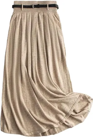 Women Winter Wool Knitted Pleated Skirt Elastic Waist Loose A-Line Casual Midi Skirts Holiday Skirt