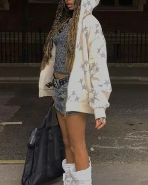 Women Y2k Zip Up Hoodie Vintage Graphic Oversized Hooded Sweatshirts Grunge Fairy Long Sleeve Jacket Pullovers Coats