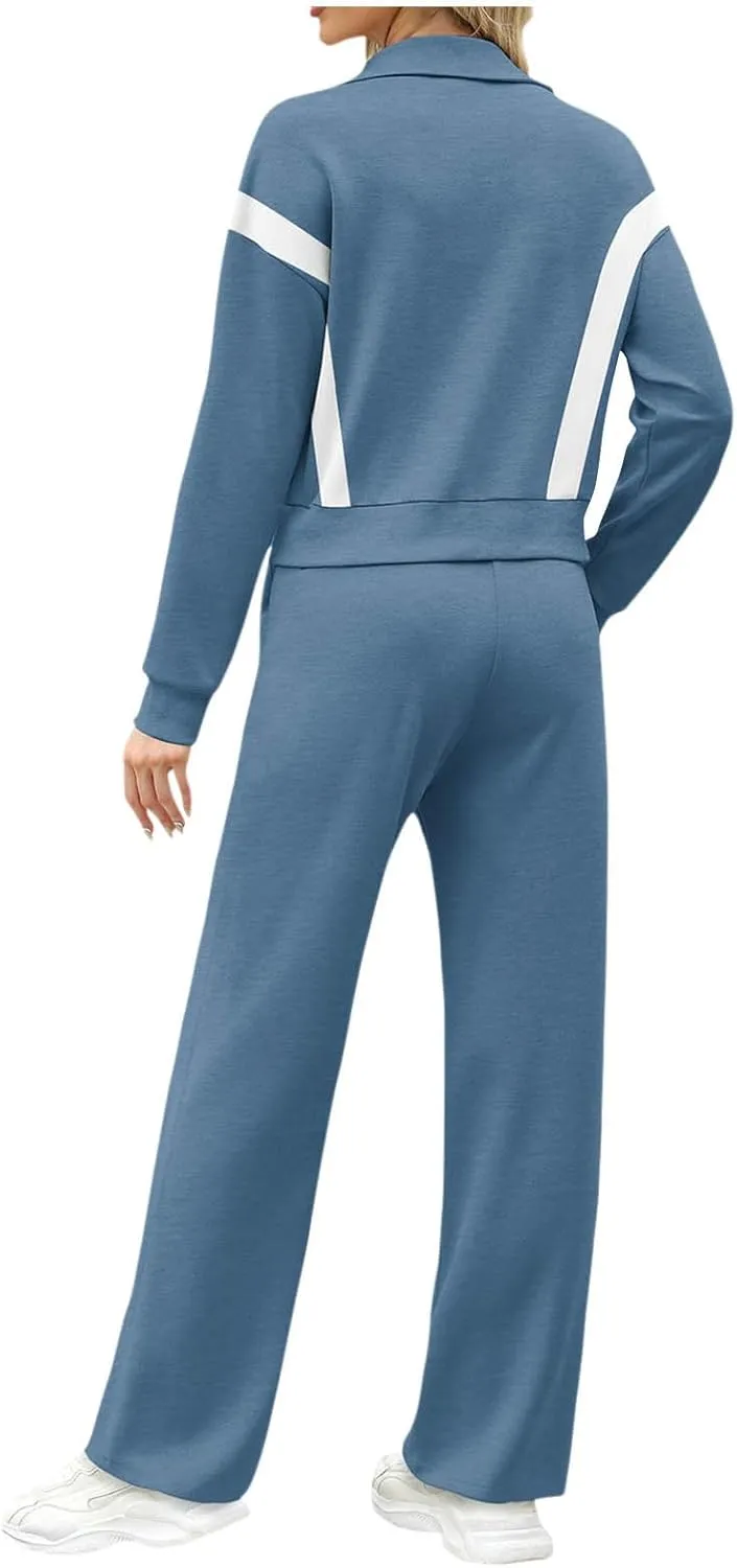 Women's 2 Piece Athleisure Set, Half High Neck Zip Jacket, Wide Leg Elastic High Waisted Pockets Pants Jogging Outfit
