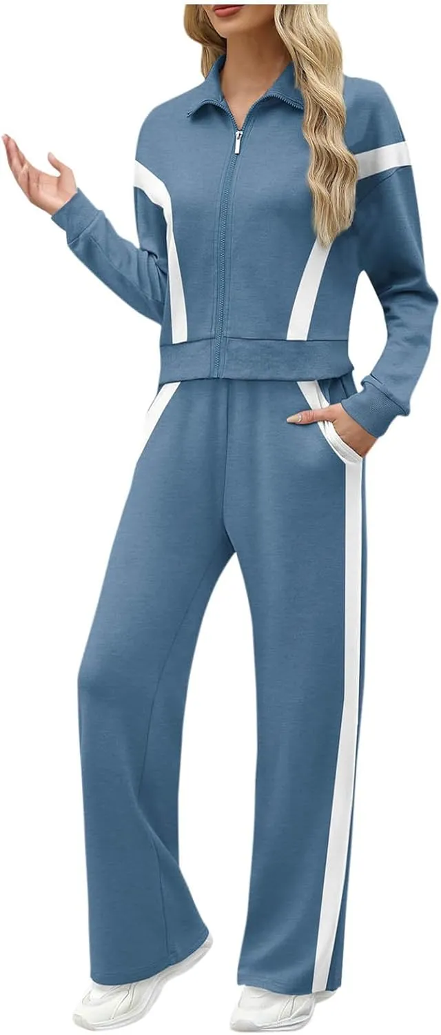 Women's 2 Piece Athleisure Set, Half High Neck Zip Jacket, Wide Leg Elastic High Waisted Pockets Pants Jogging Outfit