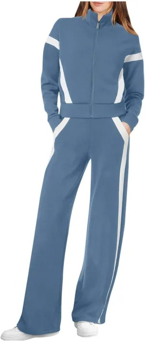 Women's 2 Piece Athleisure Set, Half High Neck Zip Jacket, Wide Leg Elastic High Waisted Pockets Pants Jogging Outfit