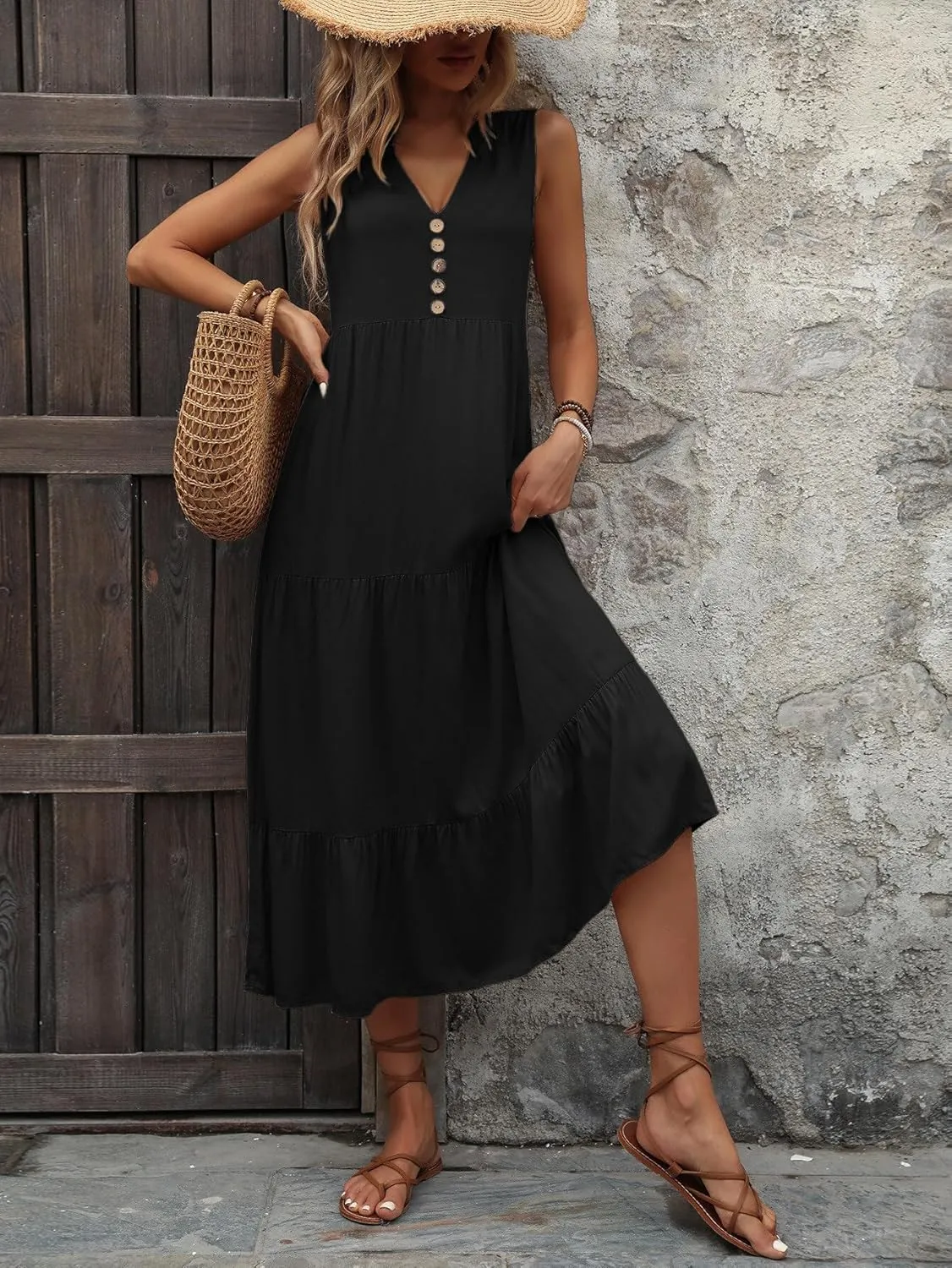 Women's 2024 Summer Dress V Neck Sleeveless Casual Dress Midi Beach Sundress Flowy Summer Dress T-Shirt Dress