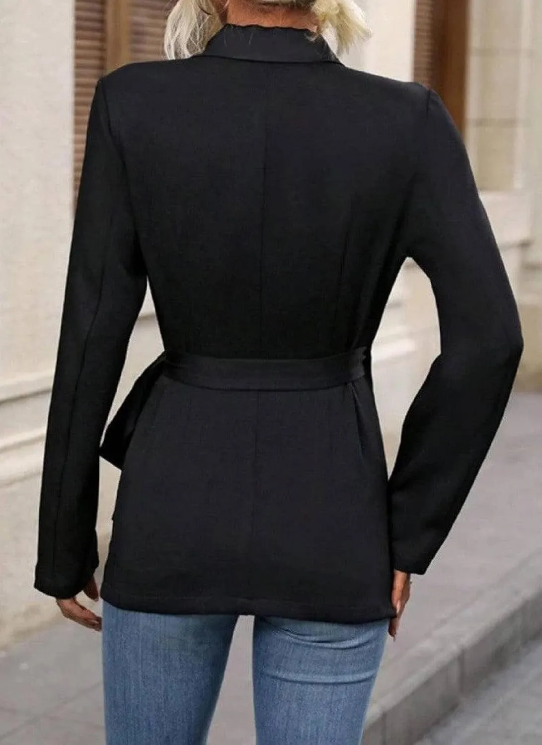 Women's Black Notch Lapel Cross Wrap Blazer with Belt Slim Fit Long Sleeve Office Work Jacket Tunic Coat Outwear