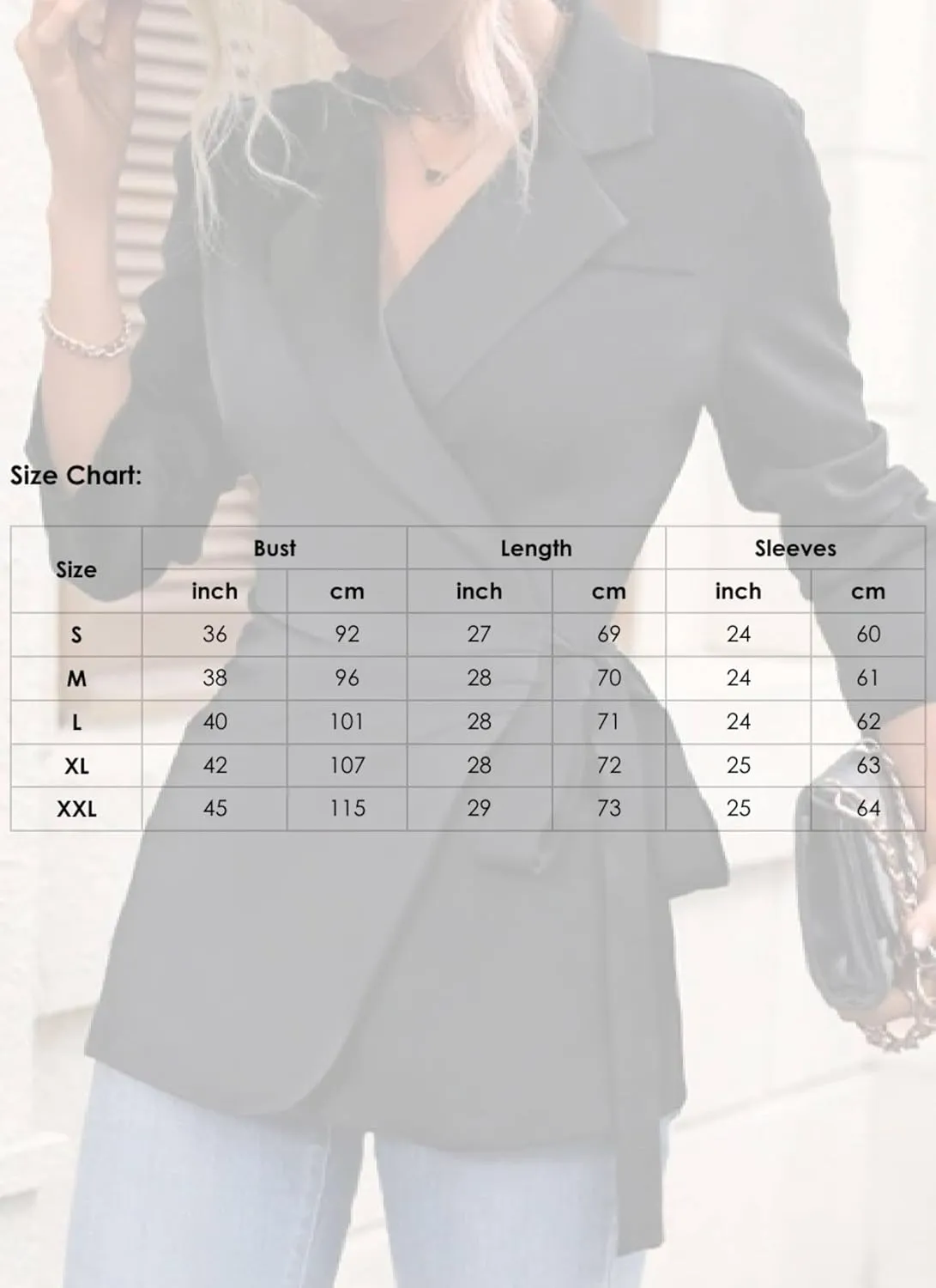 Women's Black Notch Lapel Cross Wrap Blazer with Belt Slim Fit Long Sleeve Office Work Jacket Tunic Coat Outwear