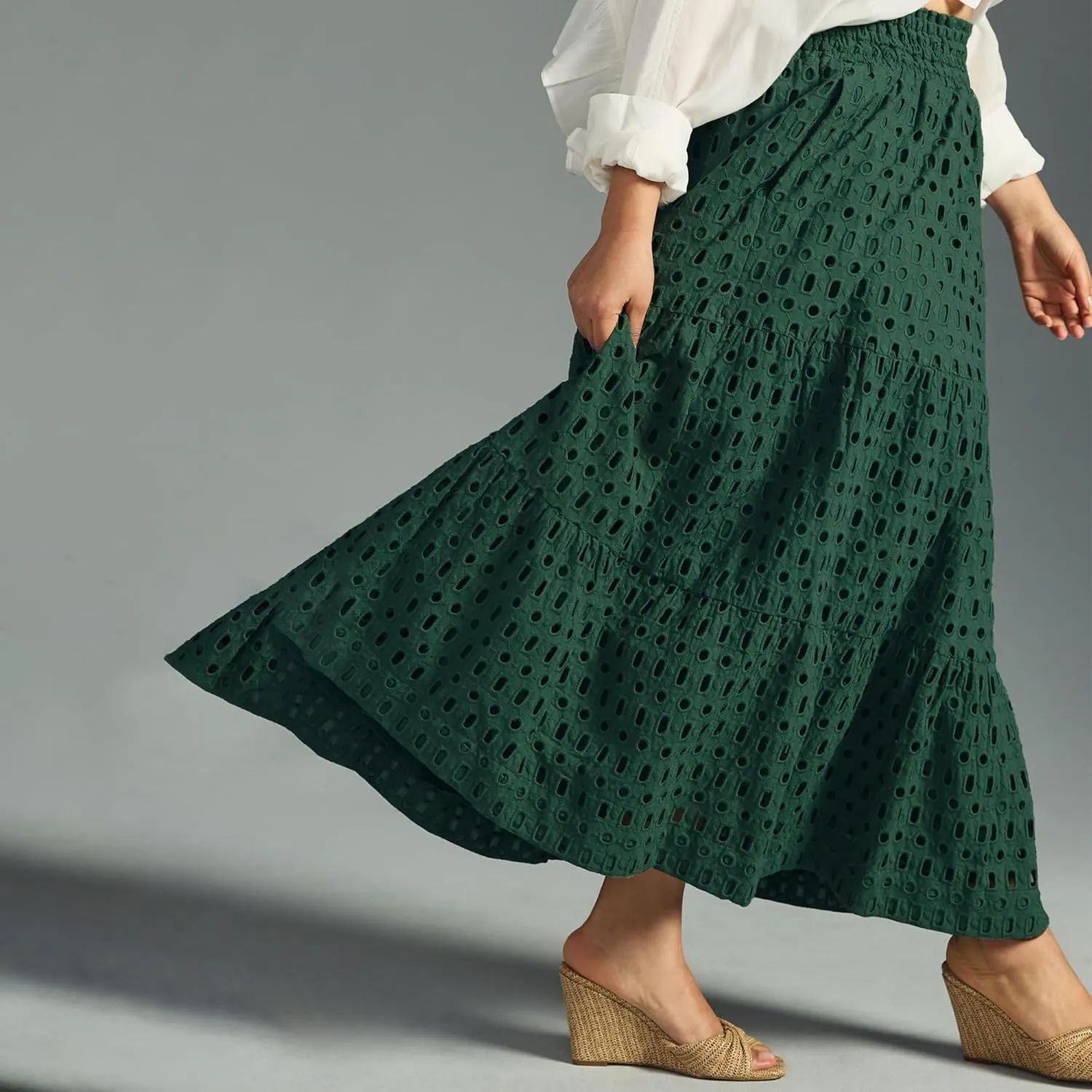Women's Casual Maxi Skirt Elastic High Waist Tiered Long Maxi Skirt