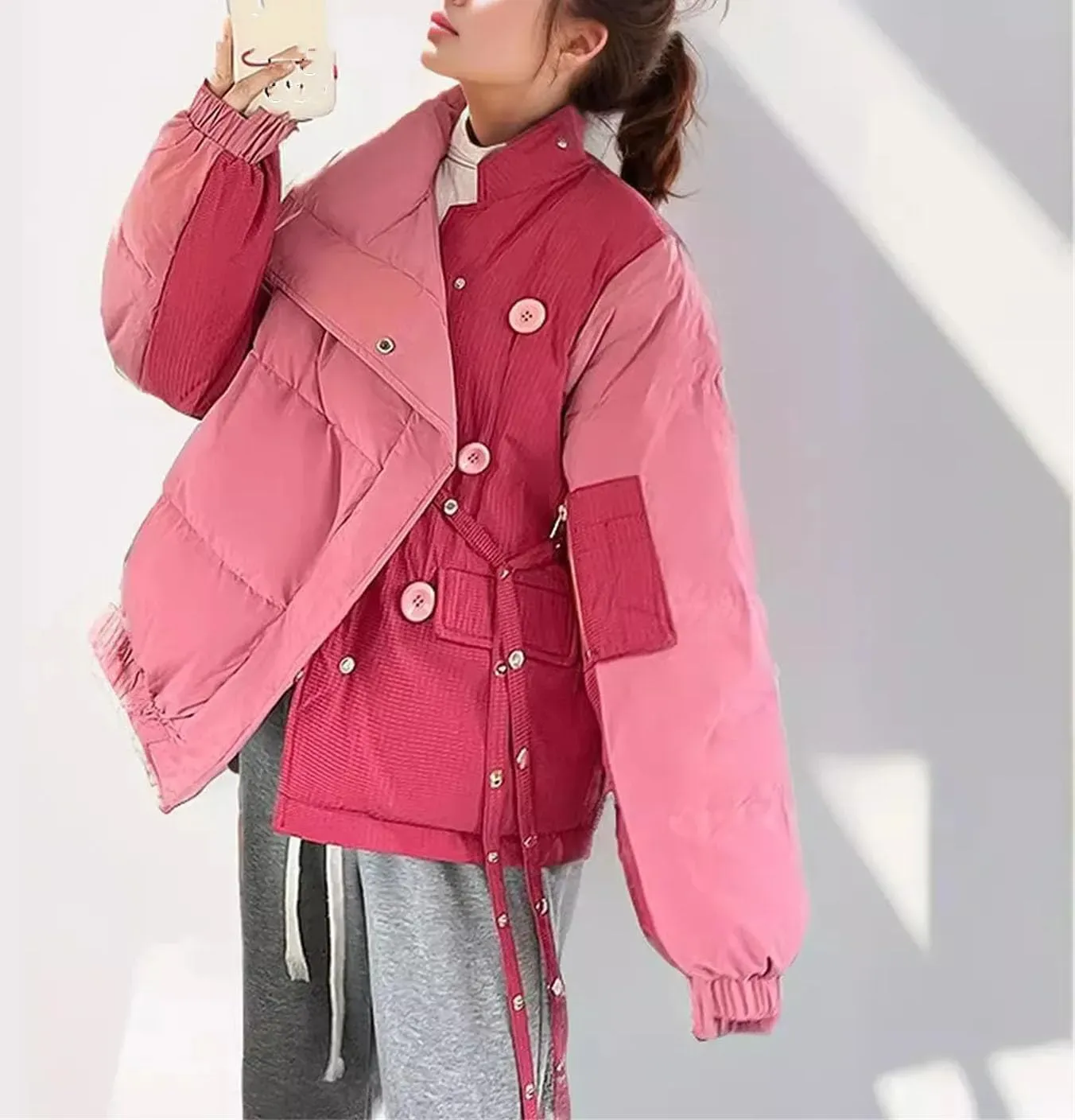 Women's Contrast High Collar Cotton-Padded Jacket Warm Loose Classic Lace Up Parka Coat