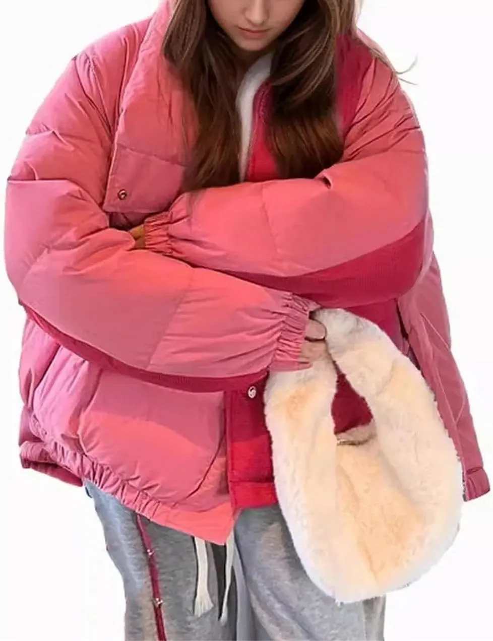 Women's Contrast High Collar Cotton-Padded Jacket Warm Loose Classic Lace Up Parka Coat