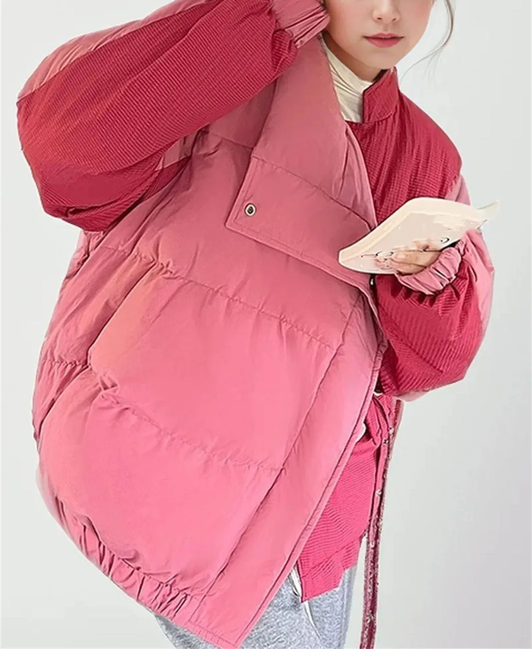Women's Contrast High Collar Cotton-Padded Jacket Warm Loose Classic Lace Up Parka Coat