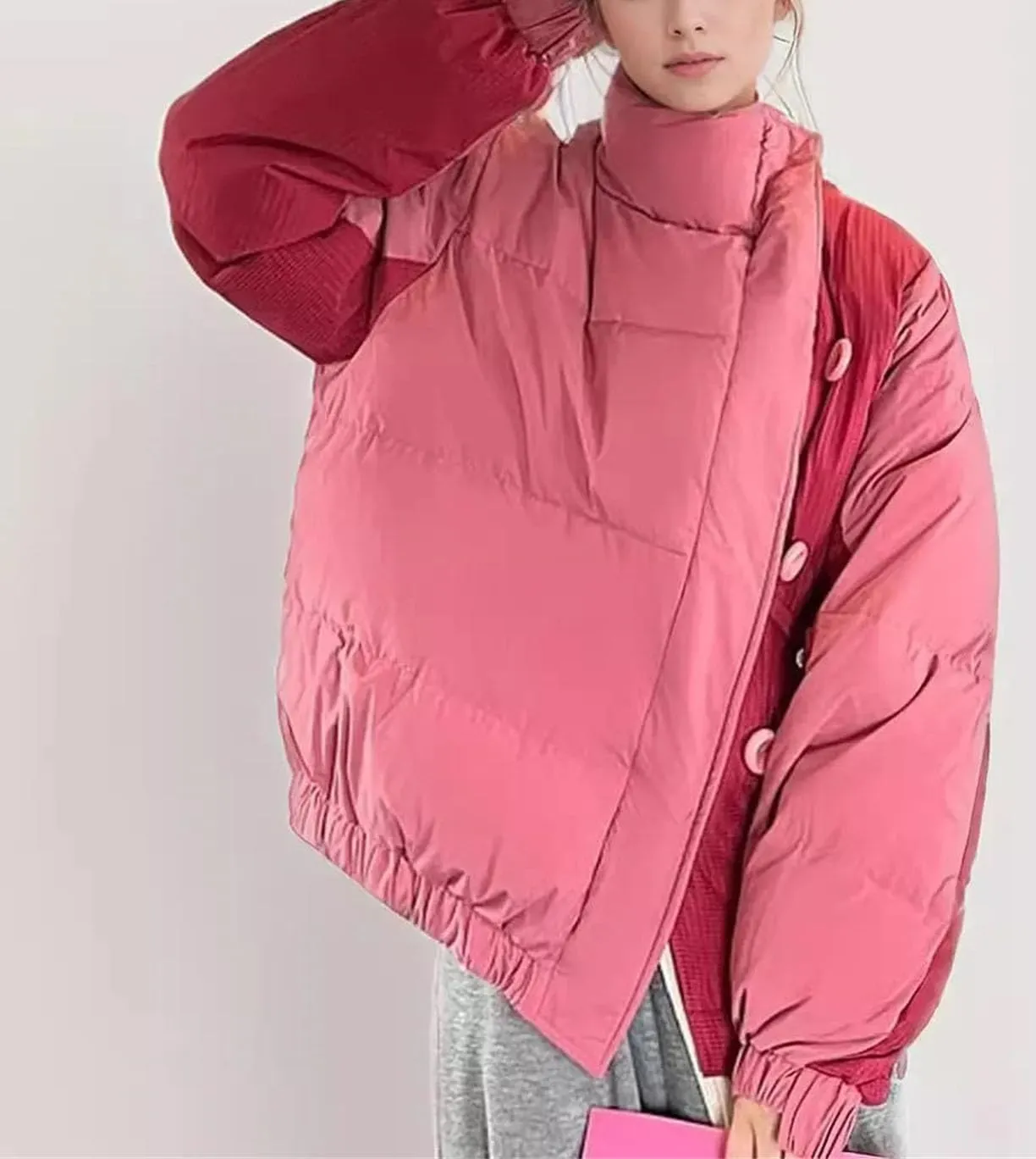 Women's Contrast High Collar Cotton-Padded Jacket Warm Loose Classic Lace Up Parka Coat