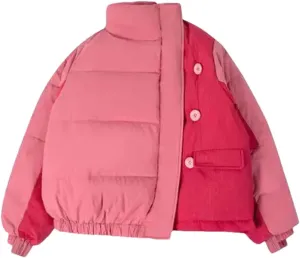 Women's Contrast High Collar Cotton-Padded Jacket Warm Loose Classic Lace Up Parka Coat