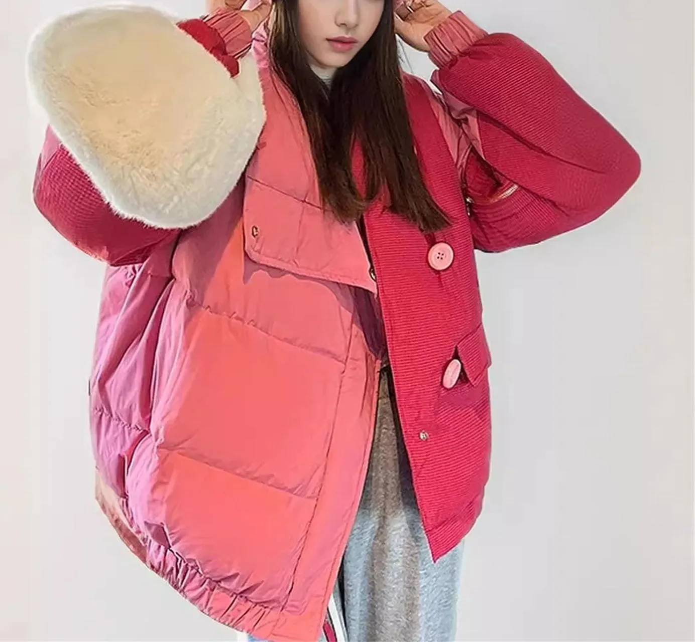 Women's Contrast High Collar Cotton-Padded Jacket Warm Loose Classic Lace Up Parka Coat