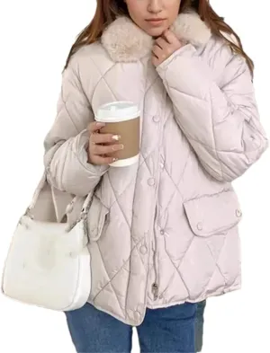 Women's Contrasting Plush Lapel Short Cotton-Padded Jacket Classic Casual Patchwork Parkas Coat