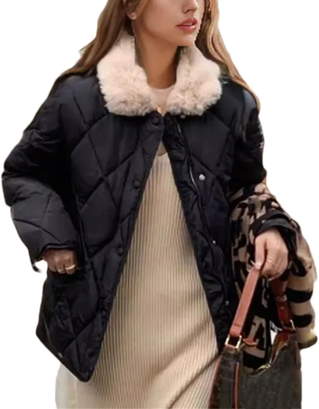 Women's Contrasting Plush Lapel Short Cotton-Padded Jacket Classic Casual Patchwork Parkas Coat