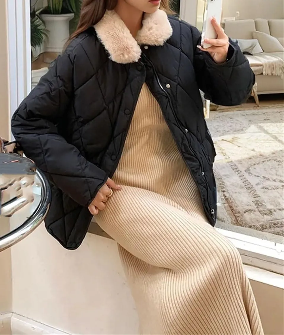 Women's Contrasting Plush Lapel Short Cotton-Padded Jacket Classic Casual Patchwork Parkas Coat