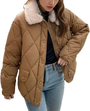 Women's Contrasting Plush Lapel Short Cotton-Padded Jacket Classic Casual Patchwork Parkas Coat