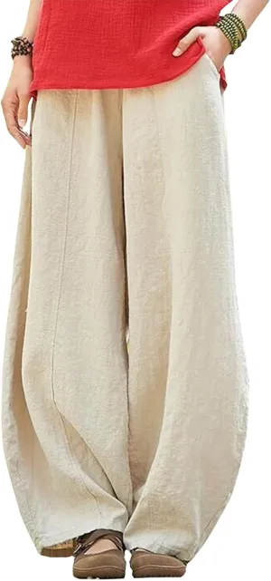 Women's Cotton Linen Jogger Pants Wide Leg Elastic High Waist Lantern Trousers Loose Fit Casual Summer Baggy Pants
