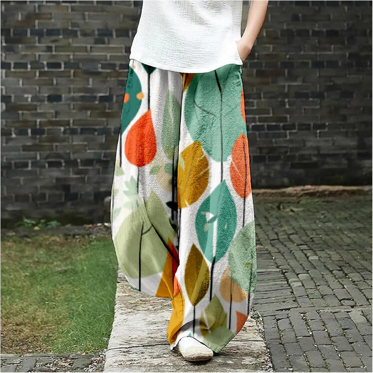 Women's Cotton Linen Pants Casual Baggy Pants Boho Printed Elastic High Waist Relax Fit Lantern Trouser Plus Size