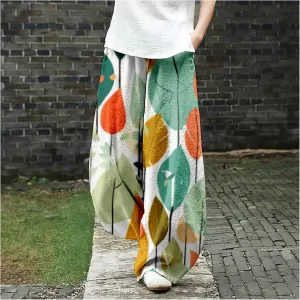 Women's Cotton Linen Pants Casual Baggy Pants Boho Printed Elastic High Waist Relax Fit Lantern Trouser Plus Size