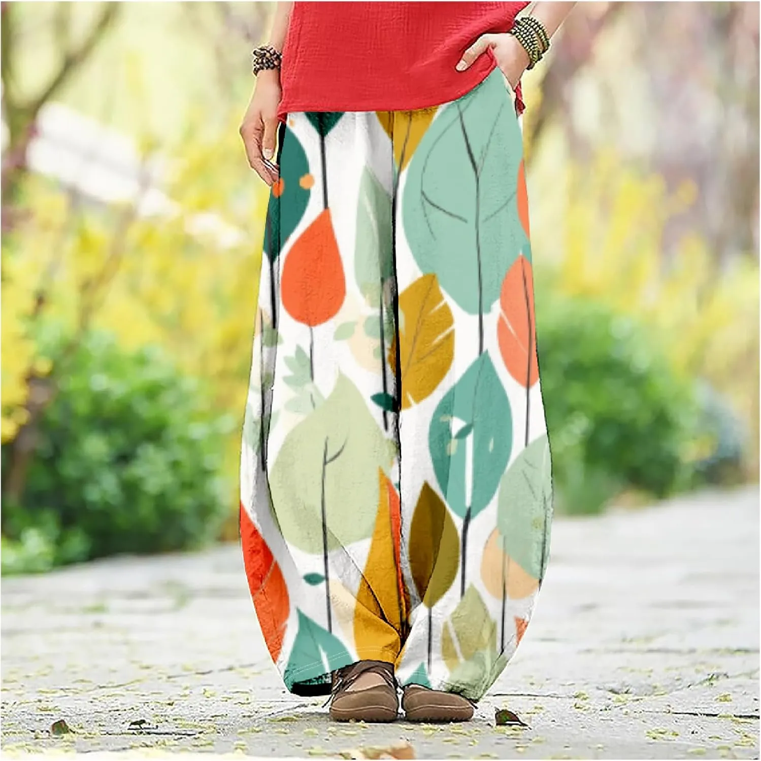 Women's Cotton Linen Pants Casual Baggy Pants Boho Printed Elastic High Waist Relax Fit Lantern Trouser Plus Size