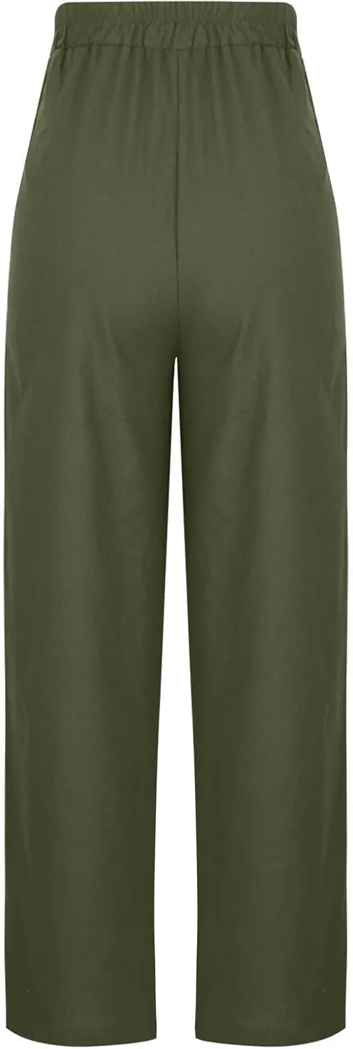 Womens Cotton Linen Wide Leg Pants Back Elastic Waist Flowy Pants with Side Pockets Casual Baggy Palazzo Trousers