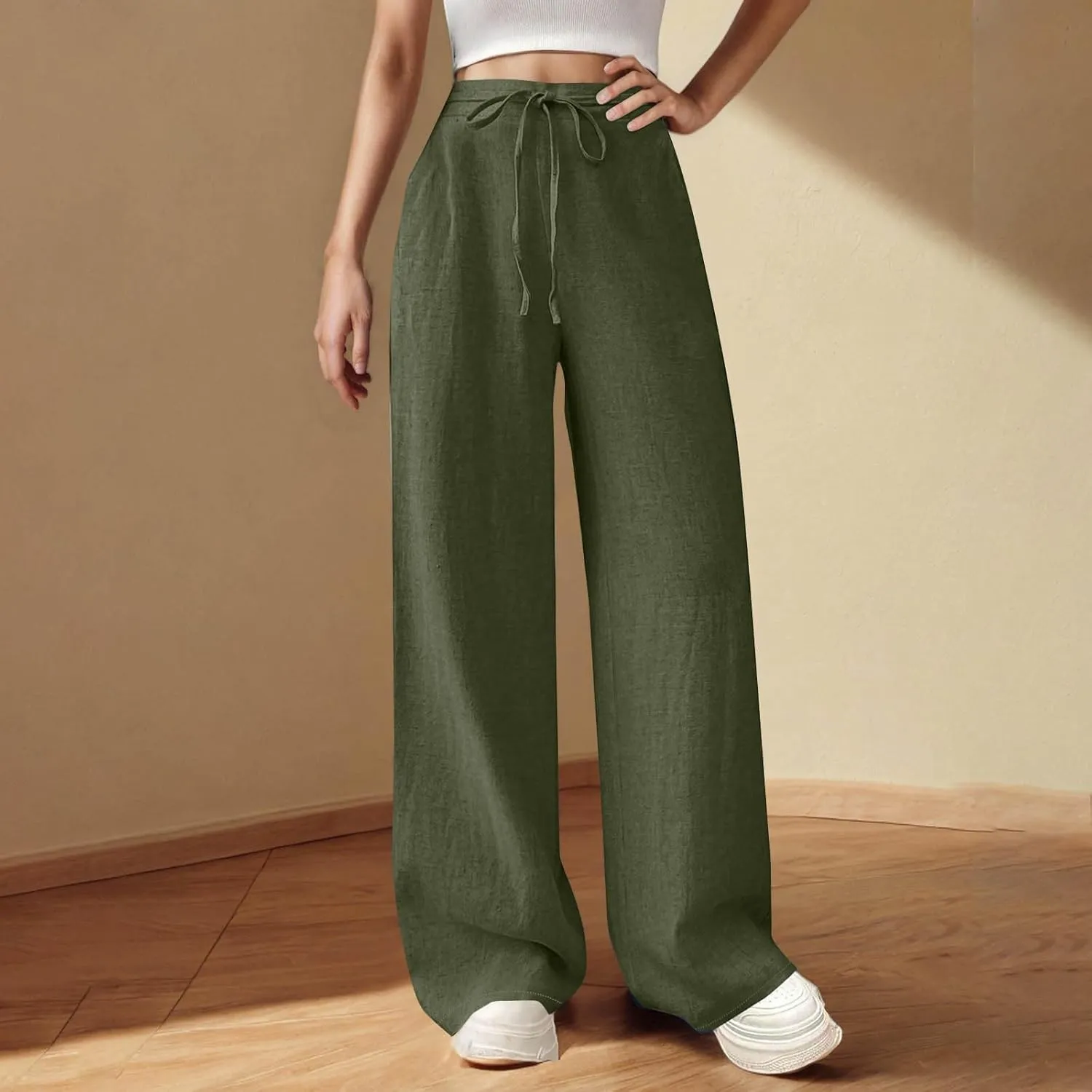 Womens Cotton Linen Wide Leg Pants Back Elastic Waist Flowy Pants with Side Pockets Casual Baggy Palazzo Trousers