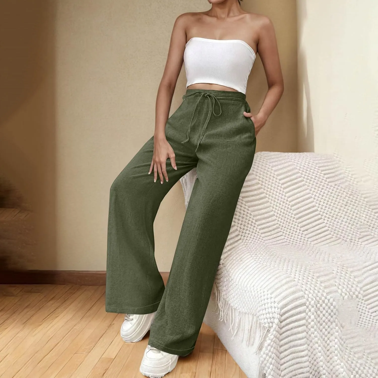 Womens Cotton Linen Wide Leg Pants Back Elastic Waist Flowy Pants with Side Pockets Casual Baggy Palazzo Trousers
