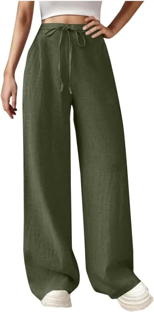 Womens Cotton Linen Wide Leg Pants Back Elastic Waist Flowy Pants with Side Pockets Casual Baggy Palazzo Trousers