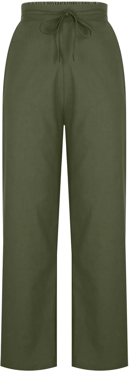 Womens Cotton Linen Wide Leg Pants Back Elastic Waist Flowy Pants with Side Pockets Casual Baggy Palazzo Trousers